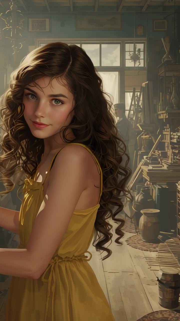 Video verticale: donna che disegna con la luce, con un vestito giallo, che gira la testa e fissa lo sguardo alla finestra di un laboratorio