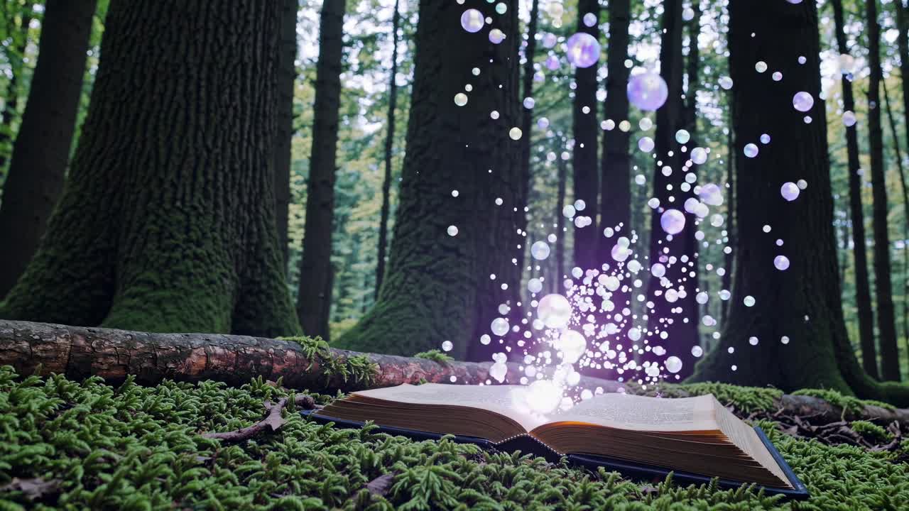 Magical book emits glowing orbs in a forest. Low-angle shot enhances the mystical atmosphere