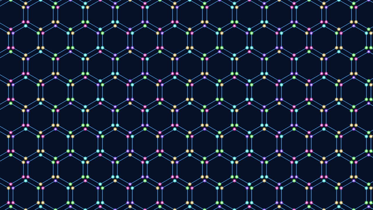 gran patrón de hexágonos azul neón con puntos de arco iris