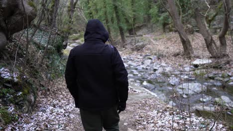 excursionista masculino junto al río arroyo montaña bosque de montaña
