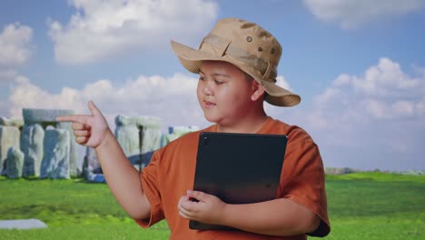 asian boy with a hat and binoculars using a tablet then smiling and pointing to side while traveling in stonehenge. boy researcher examines something, travel adventure concept, close up
