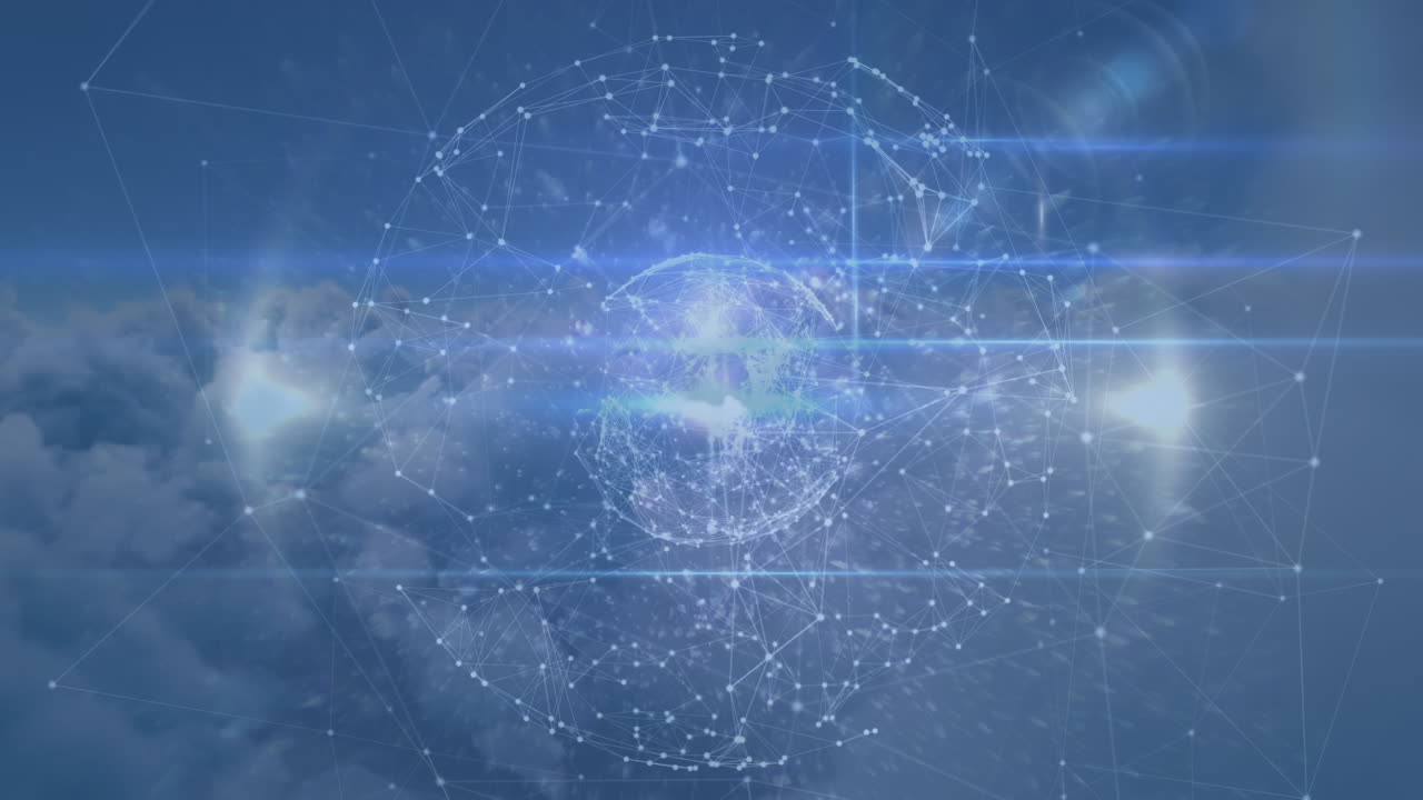 animación de globo de red de conexiones girando sobre nubes en el cielo