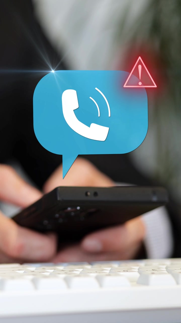 Primo piano di mani che digitano su uno smartphone sopra una tastiera, con una grafica a bolla di chiamata telefonica e un avviso di allerta phishing che compare. Ripresa verticale