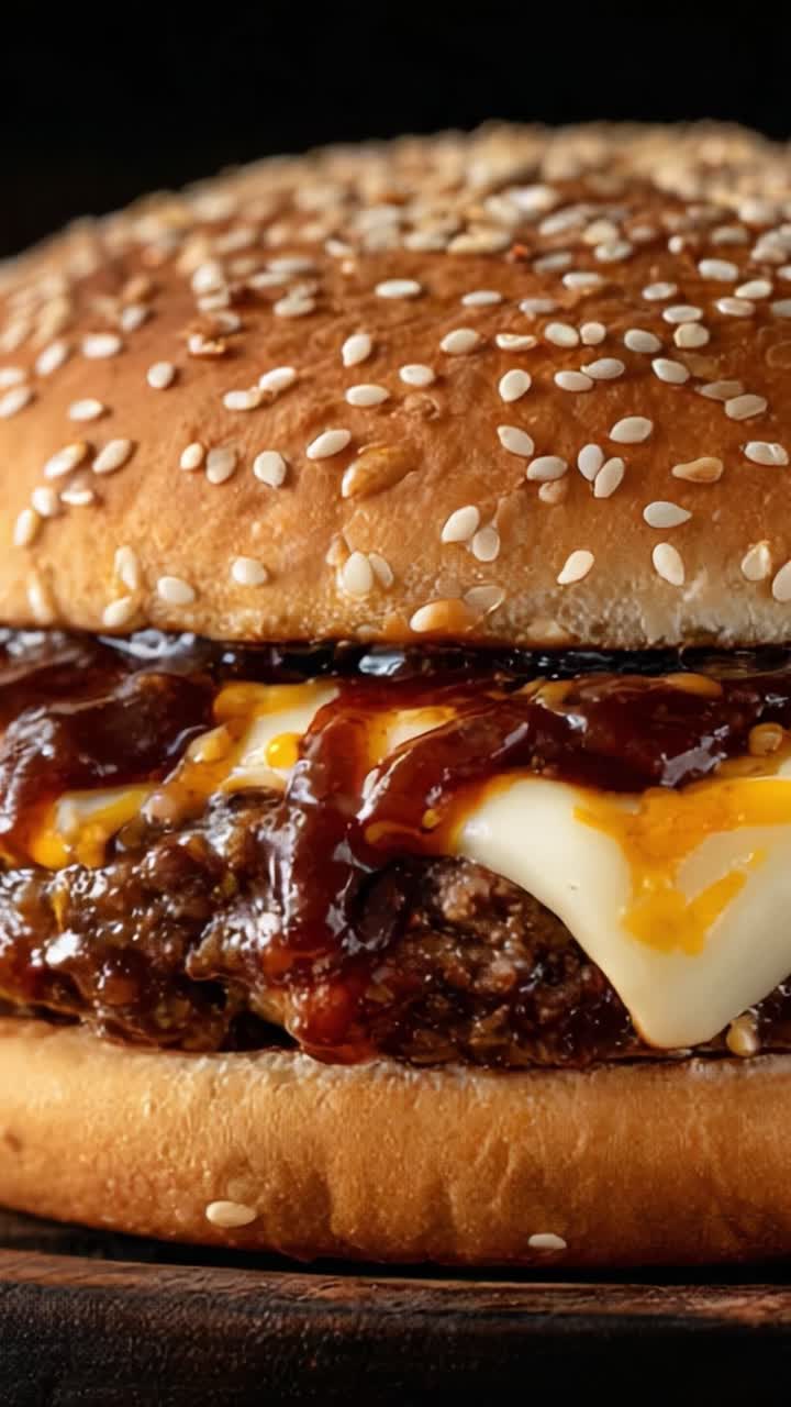 Köstlich-verwöhnender Cheeseburger mit Sesambrötchen und herzhafter BBQ-Soße, mit geschmolzenem Käse und saftigem Patty für ultimative Geschmacksbefriedigung