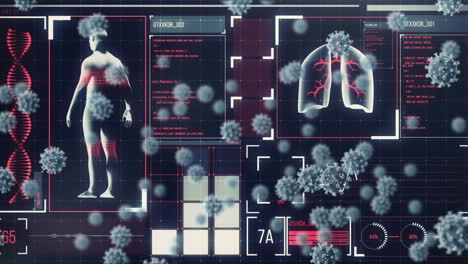 animation of covid 19 virus cells over data processing on black background