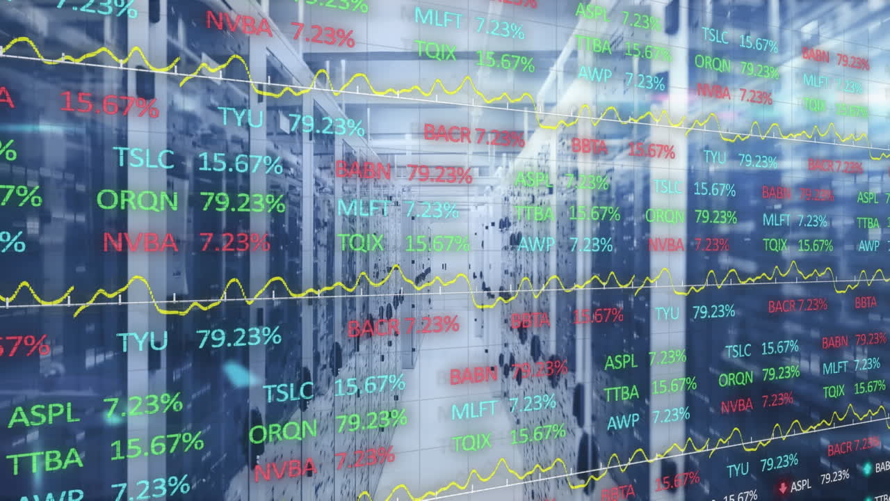 주식 시장 데이터 처리의 애니메이션과 빈 컴퓨터 서버 방에 대한 모자이크 사각형