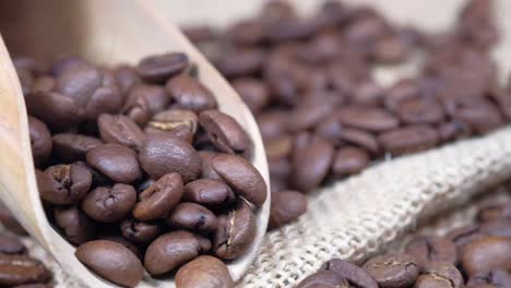 close-up of roasted coffee beans in wooden scoop