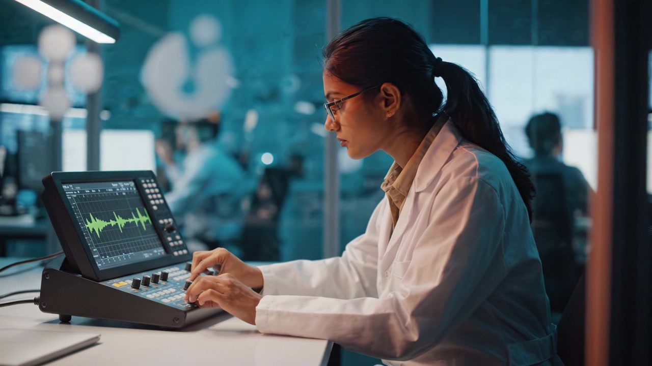 Focused laboratory technician analyzing audio signals on advanced sound equipment while immersed in a high-tech research environment and collaborating with colleagues.
