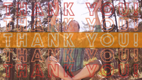 animation of thank you text in repetition with orange stripe over woman practicing yoga