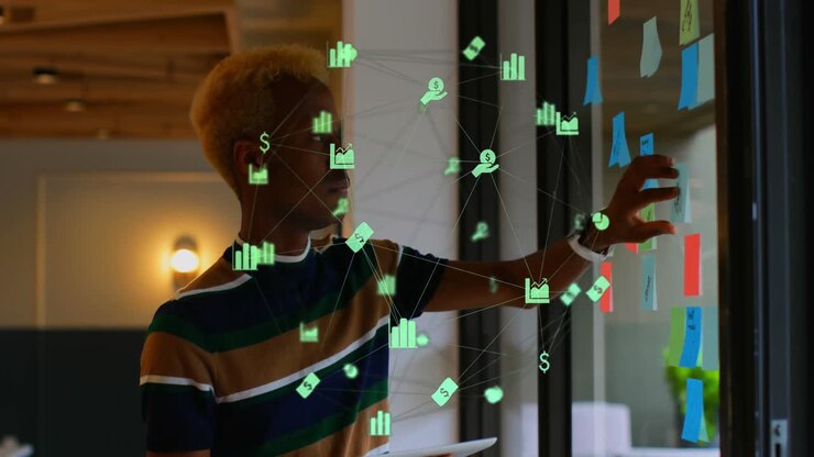 Animation of network of connections with icons over african american businesswoman at glass wall