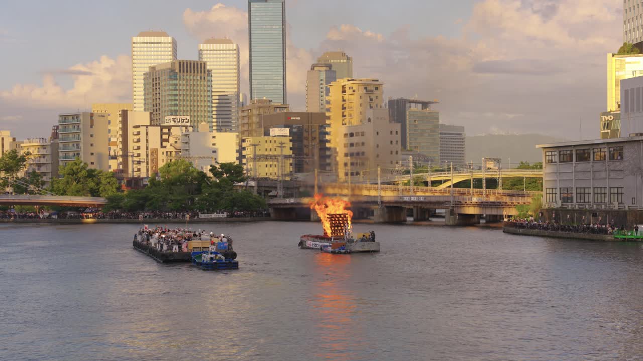 Burning Pyre in Okawa River, Summer Afternoon View of Tenjin Matsuri Festival
