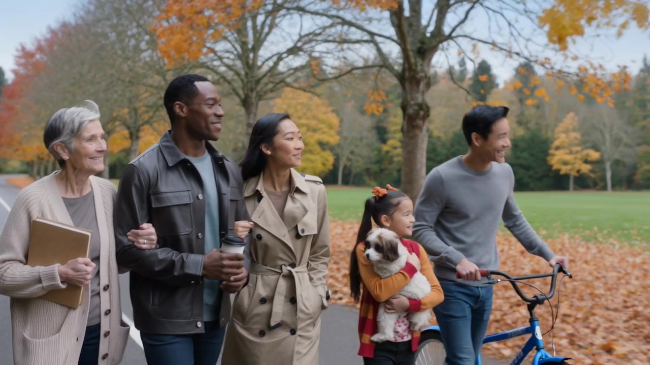 Strolling family in coats down park path, camera widening revealing child holding dog for fall walk