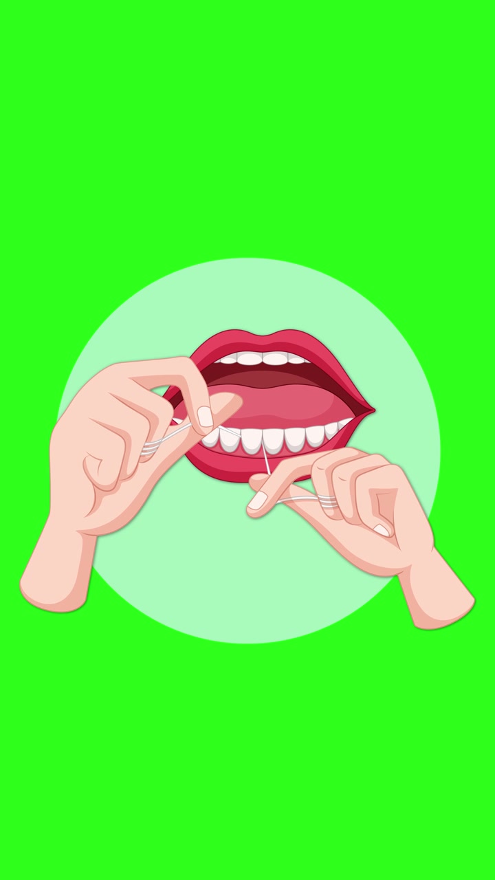 Vector animation shows hands flossing between teeth in an open mouth, with smooth repetitive motion, on a bright green background and centered composition