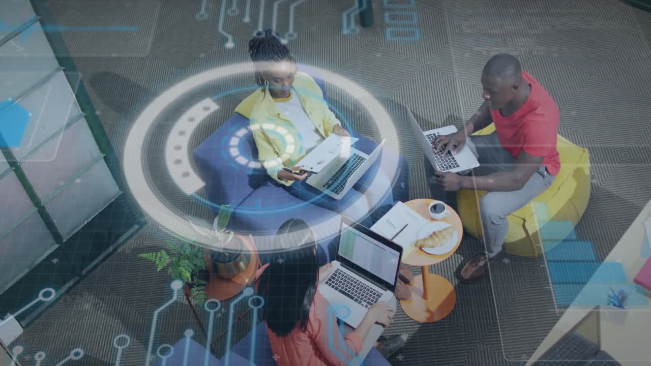 Team typing on laptops, sharing paper, activating HUD intensifying over woman in yellow for tech