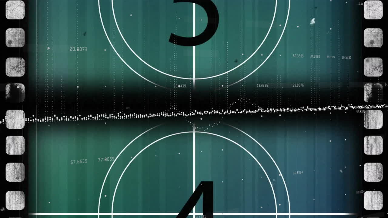 Countdown animation with number five over vintage film reel background