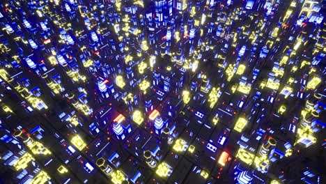 Metaverse-Sci-fi-futuristic-city-with-bright-colorful-neon-lights-at-night-time-3D-animation-camera-doly-up