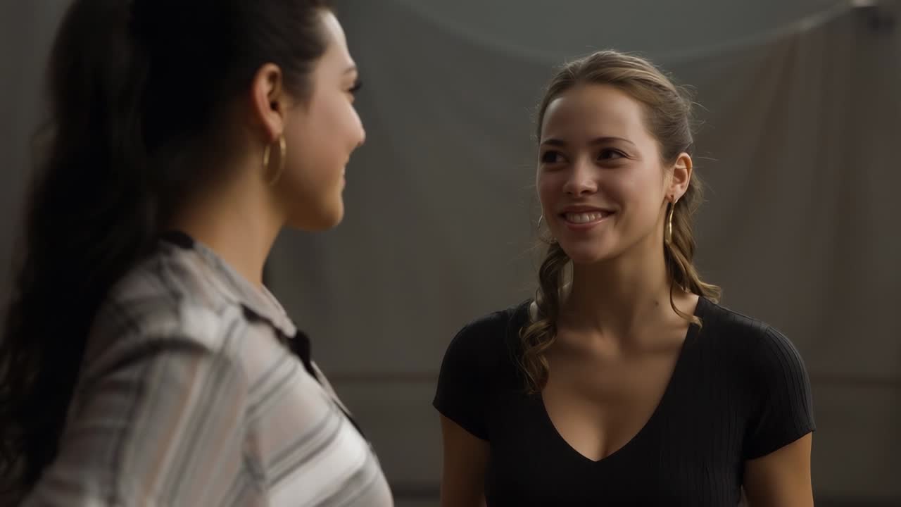 Greeting left woman raising arm, initiating short chat at studio set, striped shirt, hoop earrings