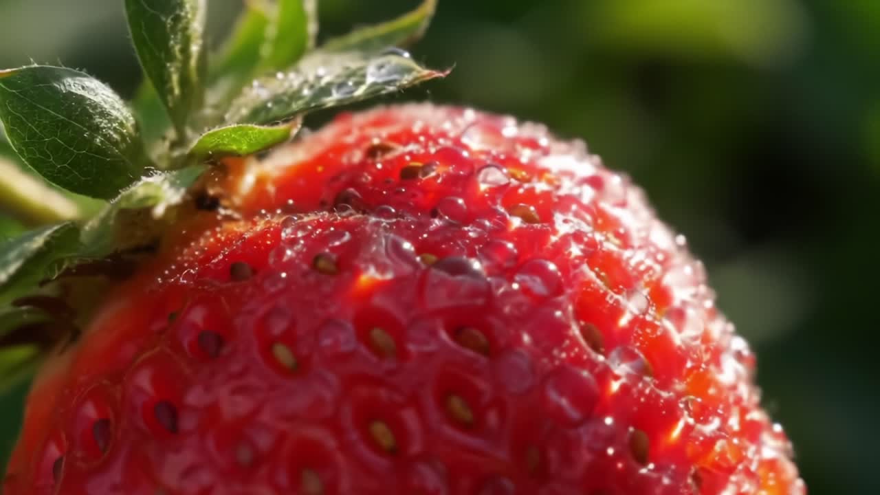 Bright Red Strawberry Glistens in Sunlight, Showcasing Nature's Beauty in a Garden