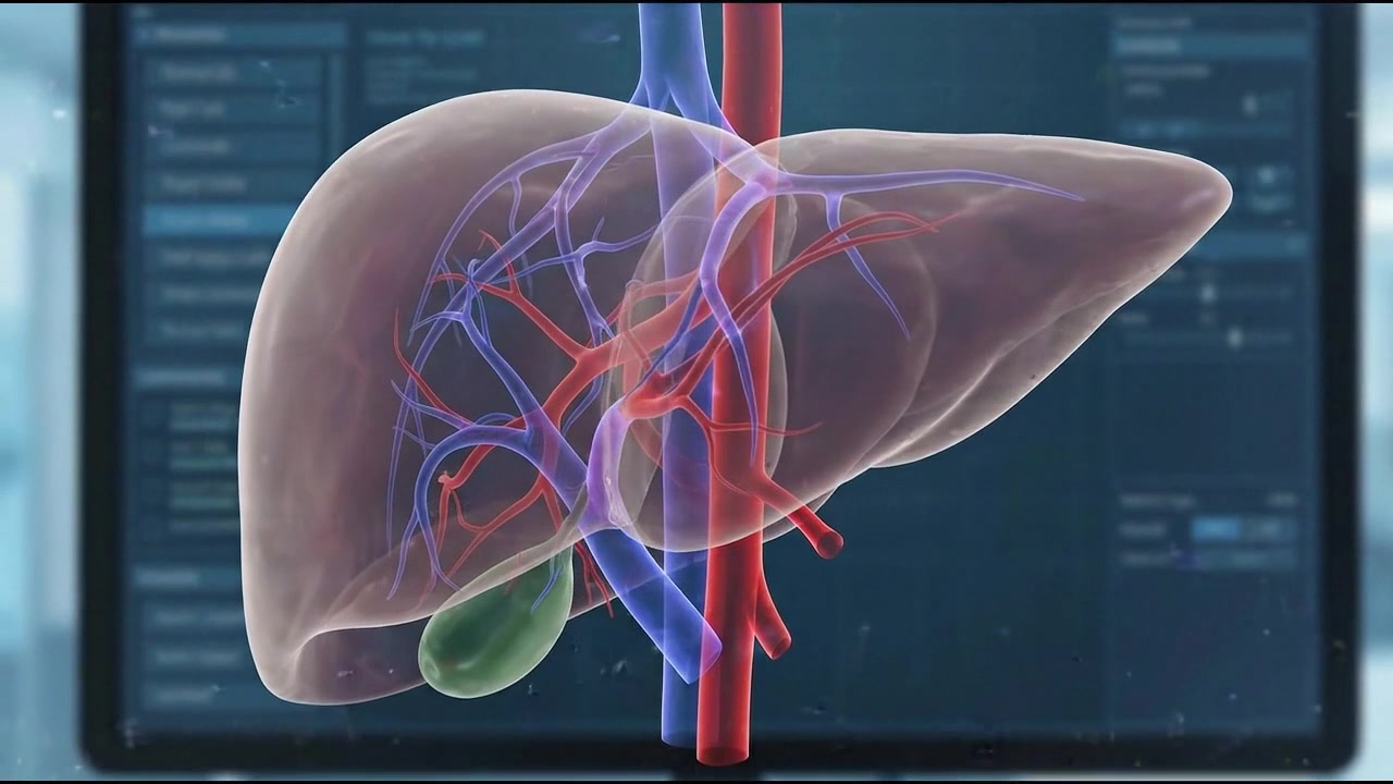 Transparent liver anatomy with branching hepatic blood vessels and portal vein