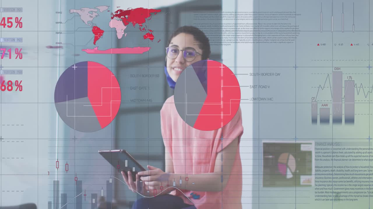 animación de estadísticas sobre una mujer sonriente en la oficina con una máscara facial