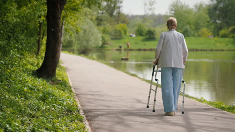 mujer anciana caminando en un parque con un andador