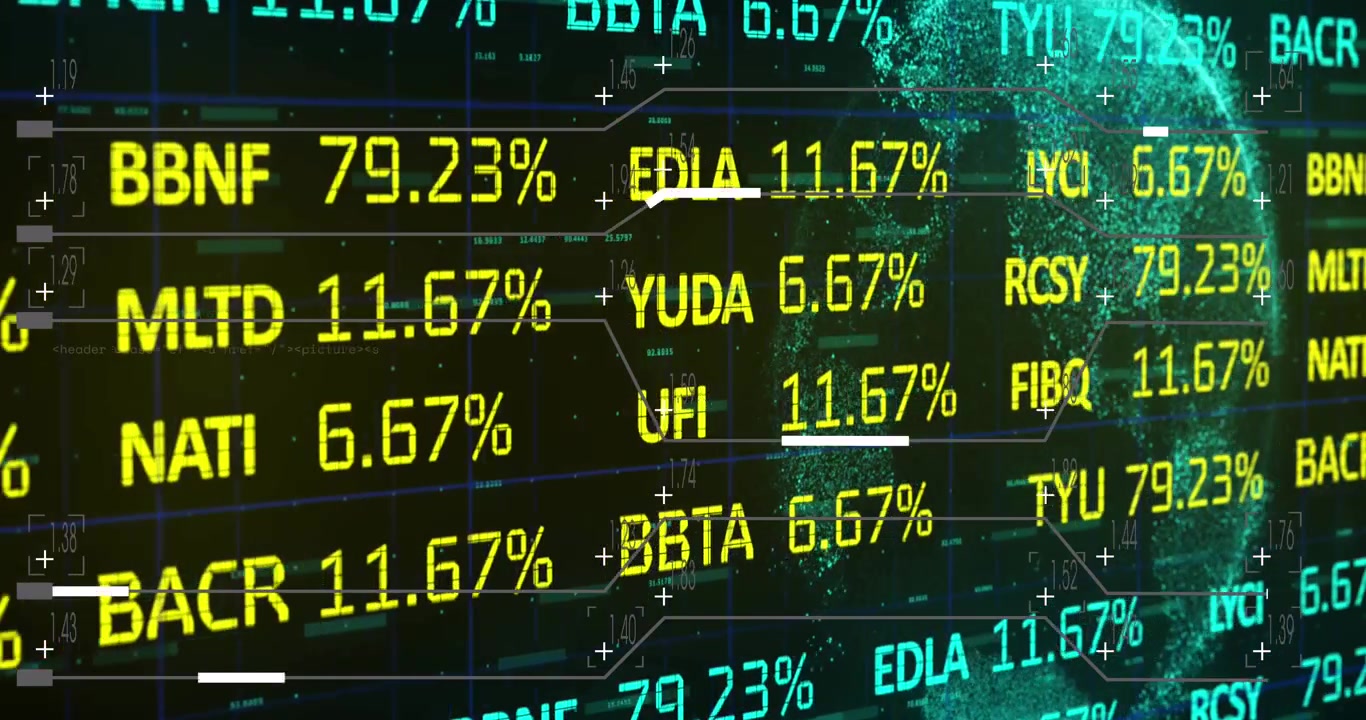 Animation of data processing over white lines and numbers on black background