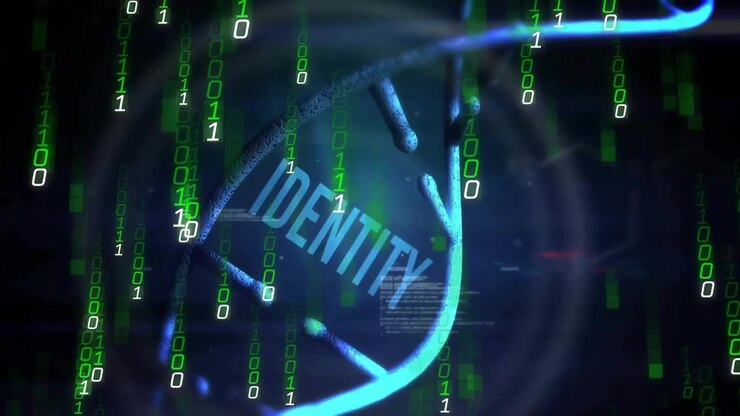 Code cascading helix rotating HUD rings forming ID text fading highlighting identity motif
