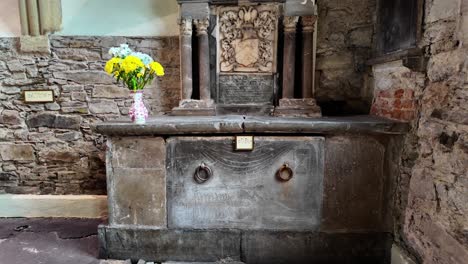 Ireland-Epic-Historic-Locations-St-Marys-Church-Youghal-Cork,-ancient-stone-carved-memorial-from-the-12-Century,one-of-the-many-interesting-things-to-see-in-the-historic-church-today