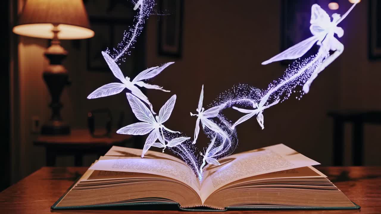 A magical video scene with glowing fairies emerging from an open book