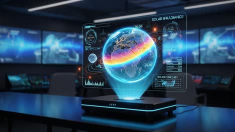 Futuristic Display of Earth’s Solar Irradiance with Dynamic Data Visualization and Interactive Holographic Elements in a High-Tech Control Room Environment