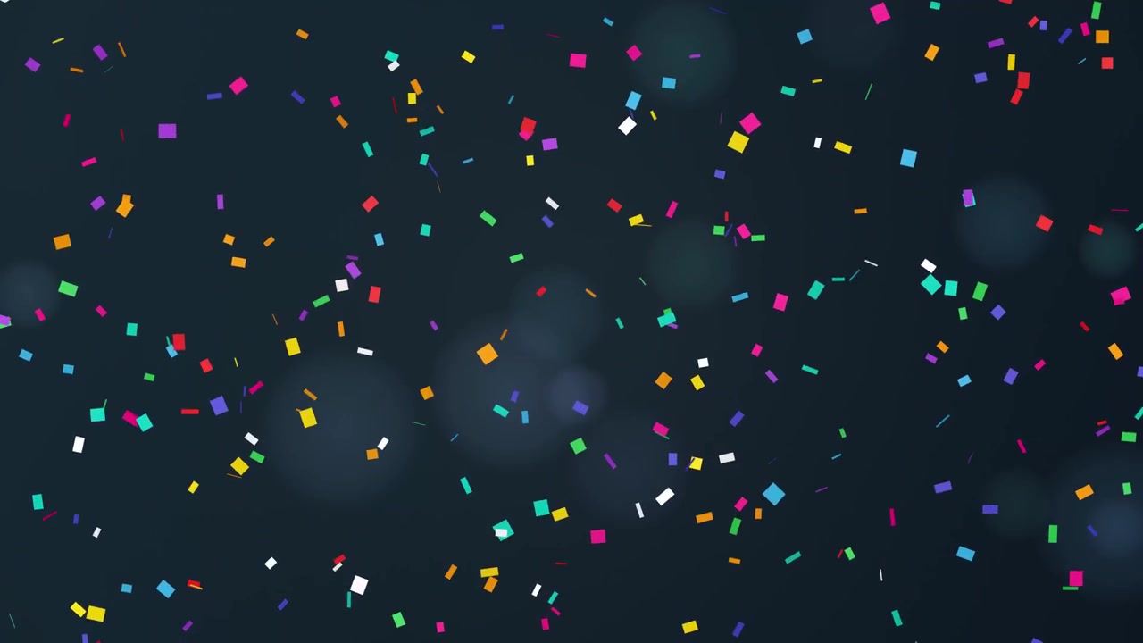 Pezzi di coriandoli di carta vivaci e multicolori cadono lentamente su uno sfondo blu scuro con illuminazione bokeh