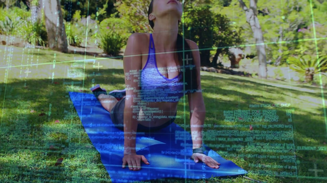 Woman starting forward shift into plank, doing rapid knee drives, grid code overlaying for fitness