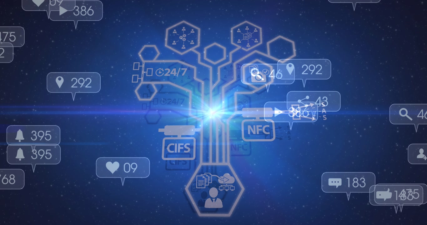 Animation of glowing light with network of social media icons and numbers