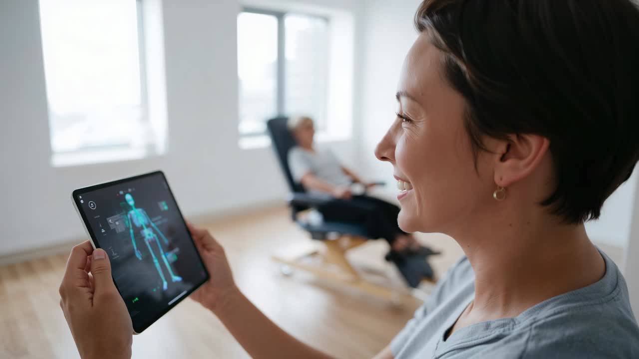 Tilting tablet toward patient, clinician in blue scrubs explaining 3D model in clinic, copy space