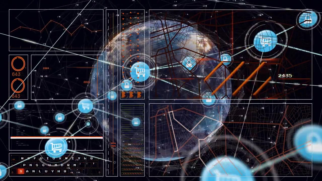 Su una griglia che rivela un globo 3D, lucchetti e carrelli della spesa che formano una rete di sicurezza digitale lungo le linee