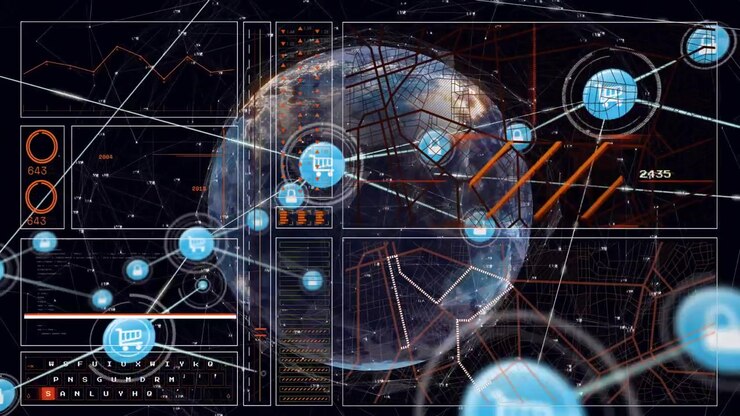 Su una griglia che rivela un globo 3D, lucchetti e carrelli della spesa che formano una rete di sicurezza digitale lungo le linee