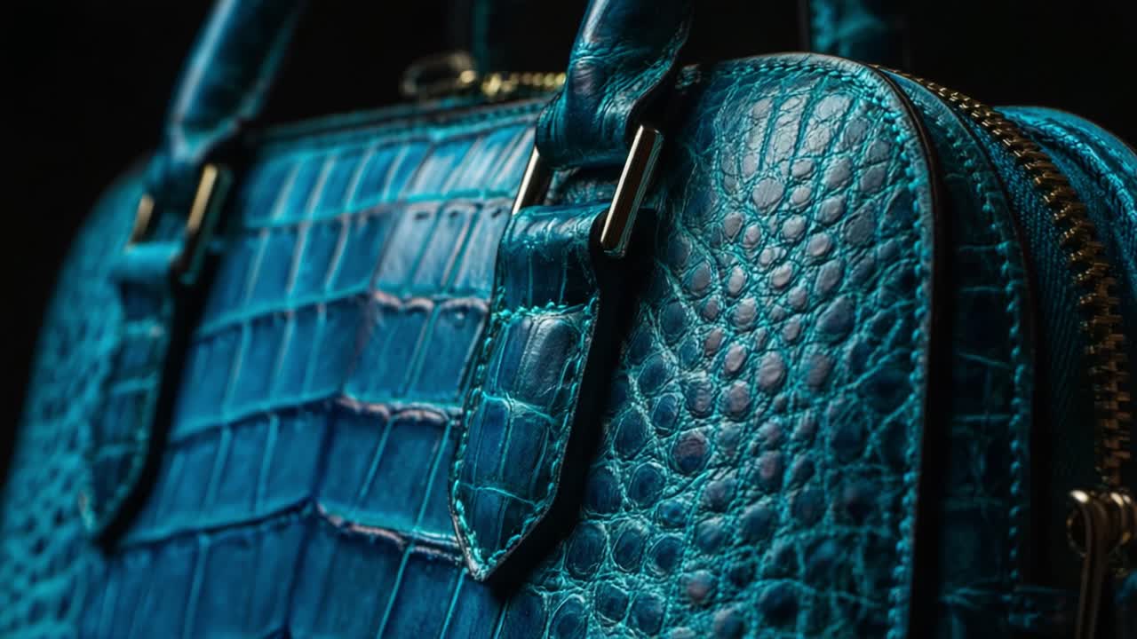 Stunning close-up of a luxurious blue crocodile leather handbag, showcasing its intricate texture and craftsmanship, emphasizing elegance and style, perfect for fashion enthusiasts seeking unique accessories