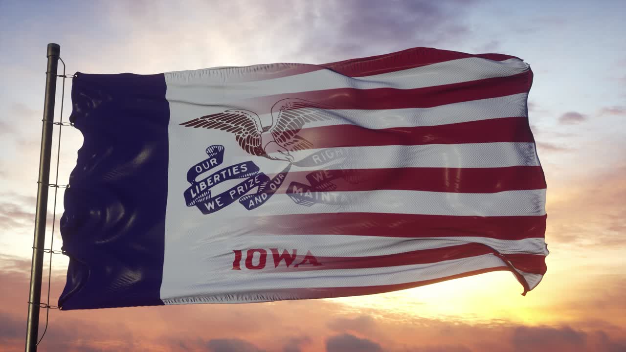 아이오와와 미국 발은 발 기둥에 있습니다. 미국과 아이오와 혼합 발이 바람에 흔들리고 있습니다.