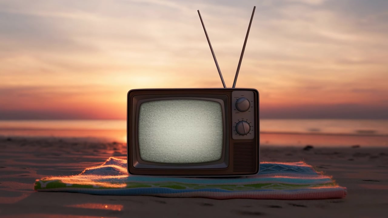 Una televisione retrò con statico grigio si trova su un telo mare a strisce accanto a un oceano calmo al tramonto, incorniciata da antenne a "orecchie di coniglio", un cielo caldo pastello, sabbia bagnata riflettente e un'ambientazione costiera minimalista con.