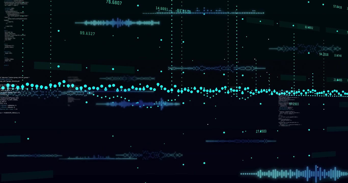Playback starting teal node band pulsing waveforms growing code panels scrolling showing tech data