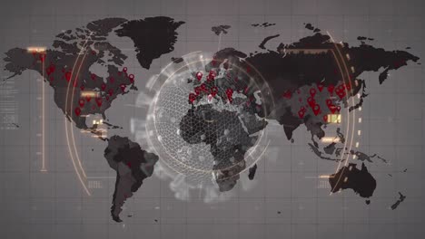 Data processing and scope scanning over covid-19 cell against world map on grey background