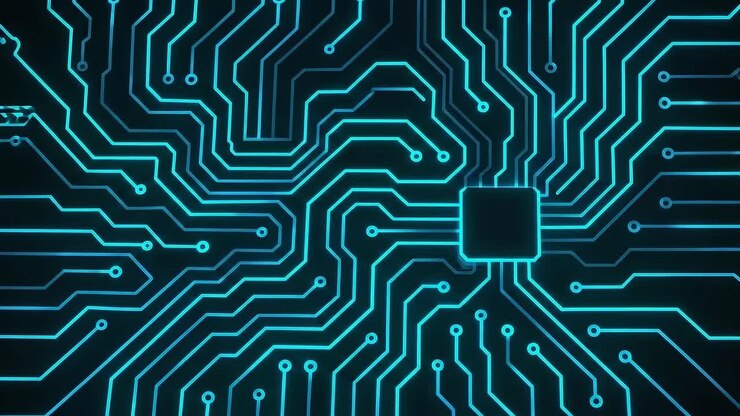 Vista dall'alto di un circuito stampato luminoso, che mette in mostra un concetto tecnologico futuristico in uno stile video