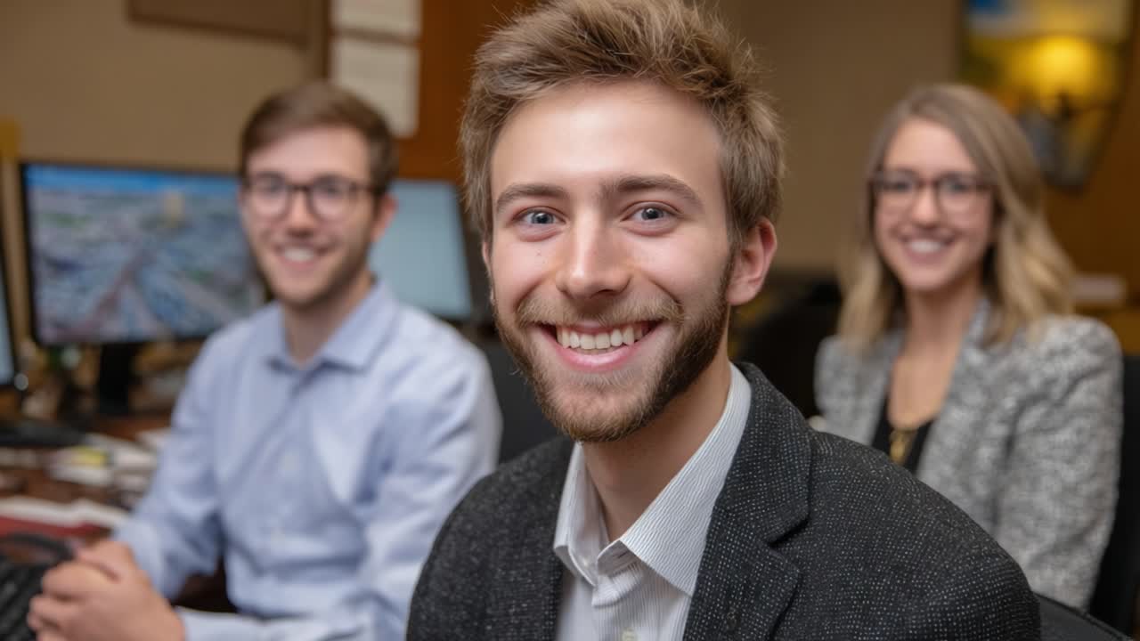 A Bright Atmosphere of Collaboration: A Group of Professionals Engaged in a Positive Work Environment with Smiles and Modern Technology Around Them
