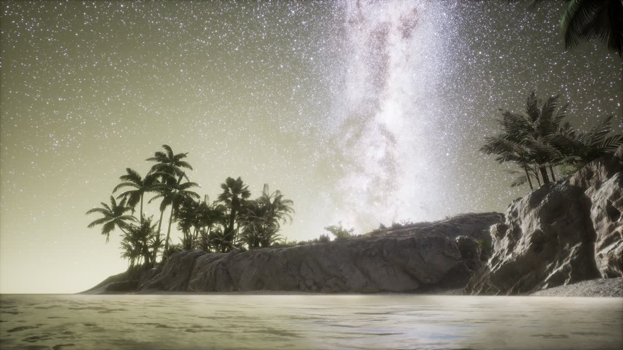 hermosa playa tropical de fantasía con estrellas de la vía láctea en el cielo nocturno
