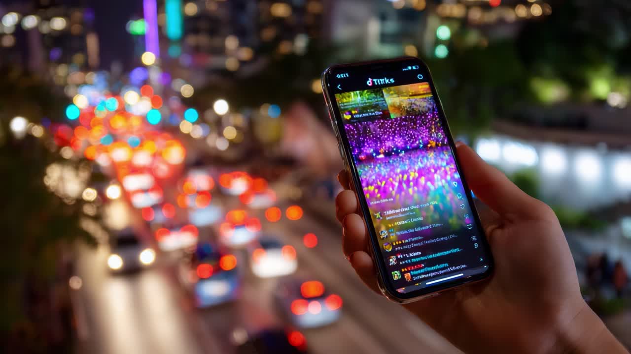 A Glimpse of City Vibes: Engaging with Colorful Nightlife on Your Smartphone Amidst the Bustling Traffic and Vibrant Lights, Capturing a Moment Full of Energy and Excitement