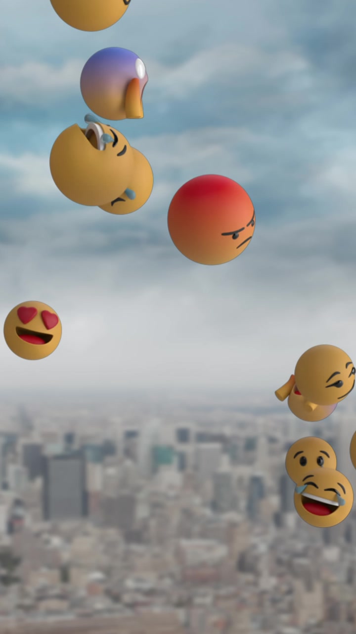 Ikony emoji létající nad panoramatem města 4k