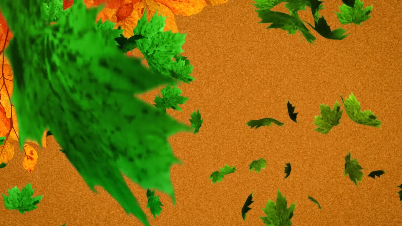 múltiples hojas de arce de otoño que caen sobre las hojas y el espacio de copia contra un fondo naranja