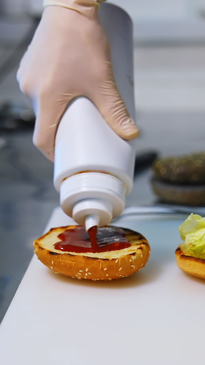 Cuoco che aggiunge ketchup sull'hamburger. Preparazione dell'hamburger in cucina. Mani del cuoco con guanti bianchi che preparano e assemblano l'hamburger. Messa a fuoco selettiva. Video verticale.