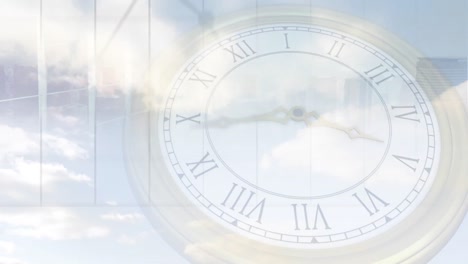 animation of cityscape over clock moving