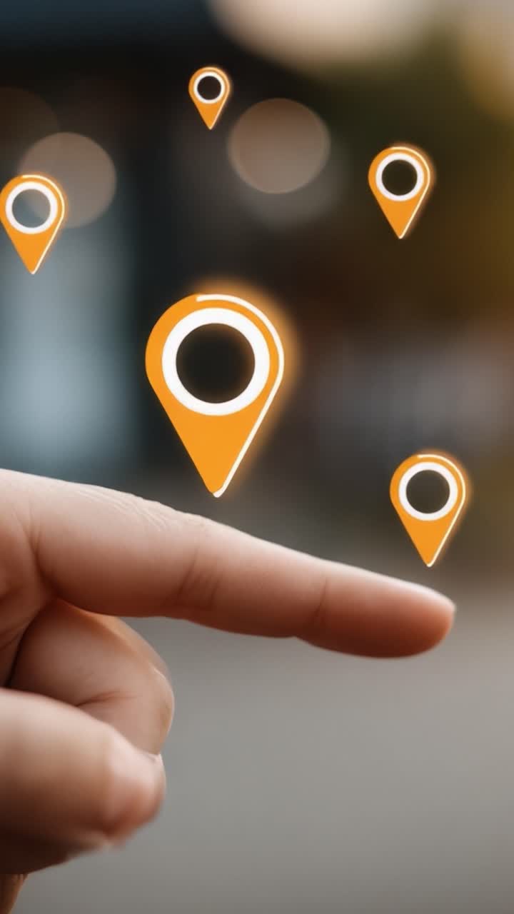 A Close-Up of a Finger Pointing Towards Floating Location Markers, Symbolizing Navigation and Geographical Positioning in a Modern Context